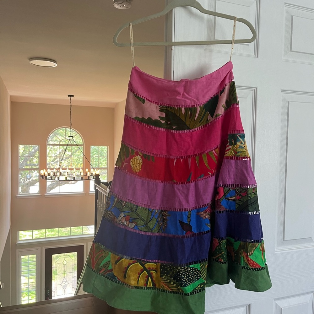 Farm Rio Rainbow Mixed Print Tiered Linen Blend Skirt In Mix Print - Picture 4 of 4